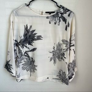 Tibi 100% Silk Ivory and Black Floral Print Blouse